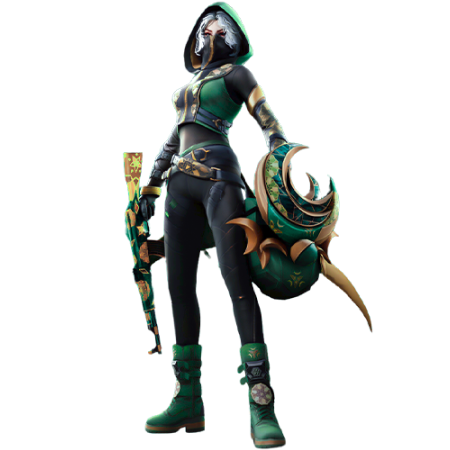 Female warrior in green and black suit