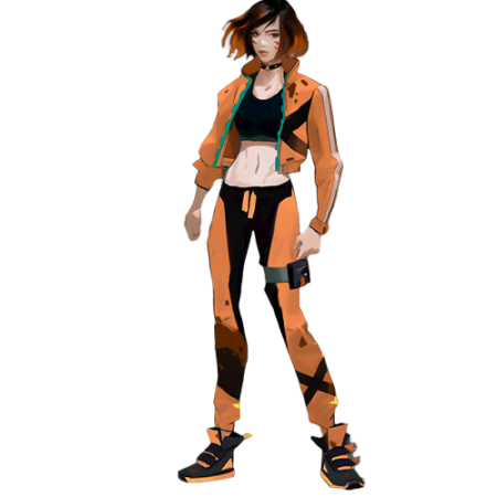 Modern female warrior in black and orange suit